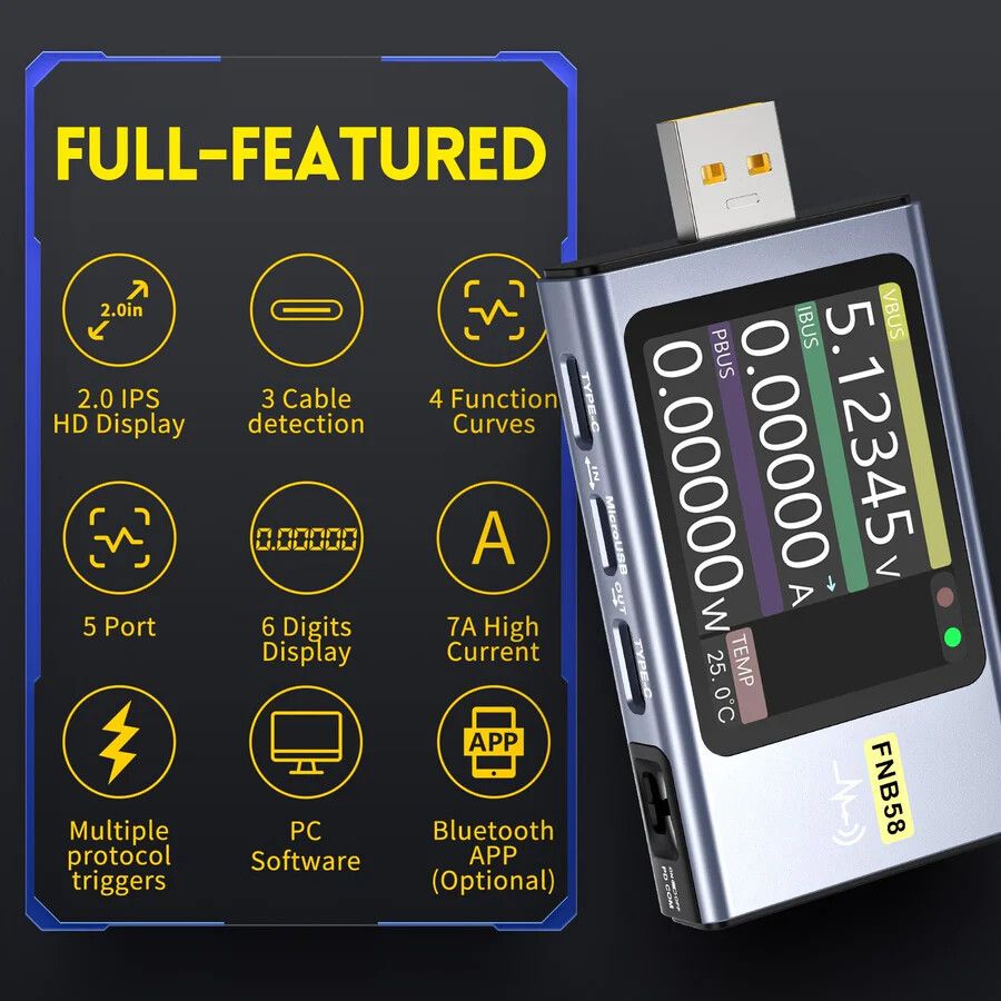 Medidor de Consumo USB Tester FNIRSI FNB58 Bluetooth Medidor de Consumo USB Tester FNIRSI FNB58 Bluetooth